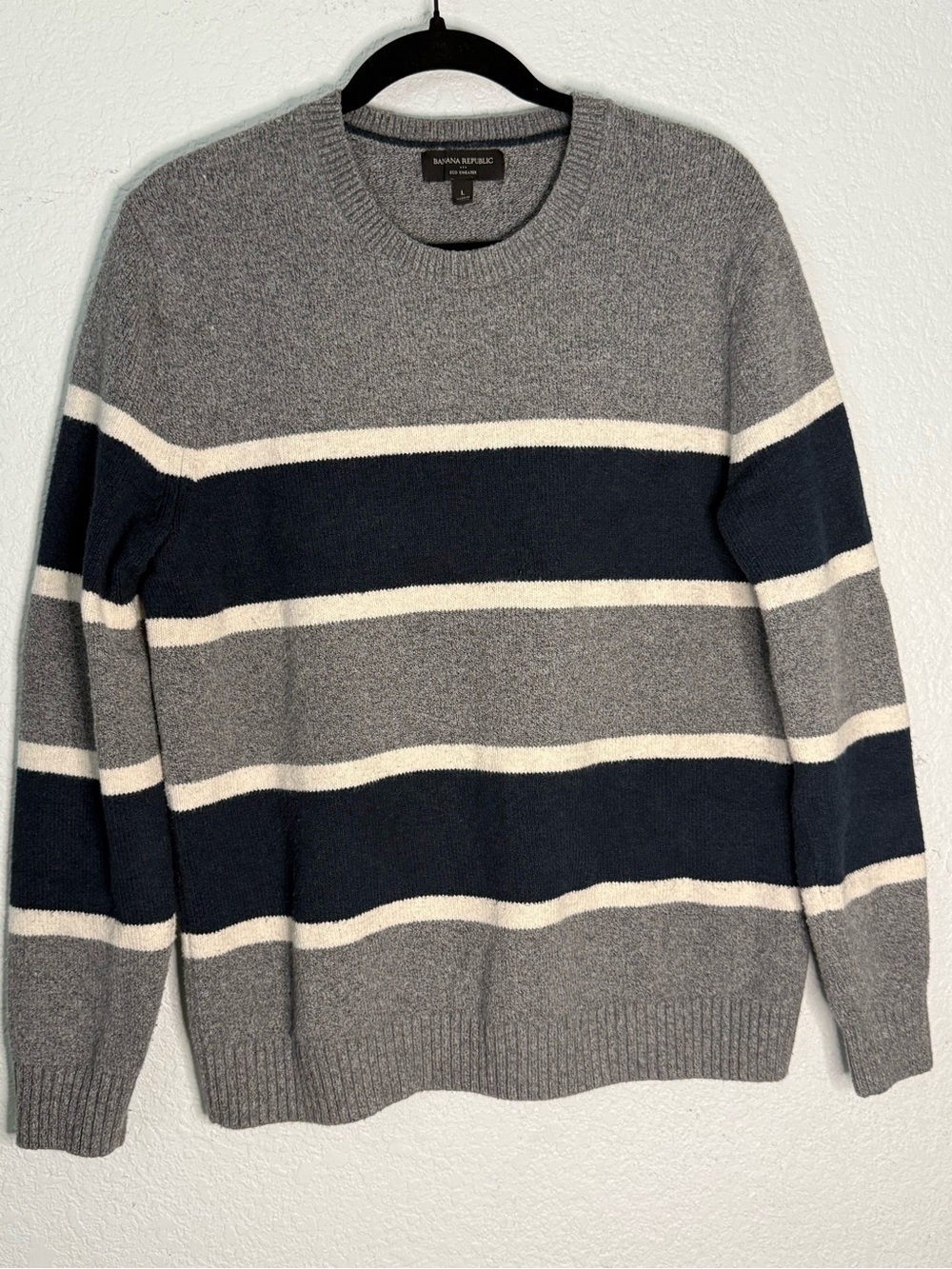 Banana Republic Gray, Navy & Cream Striped Crewneck Sweater - Men's